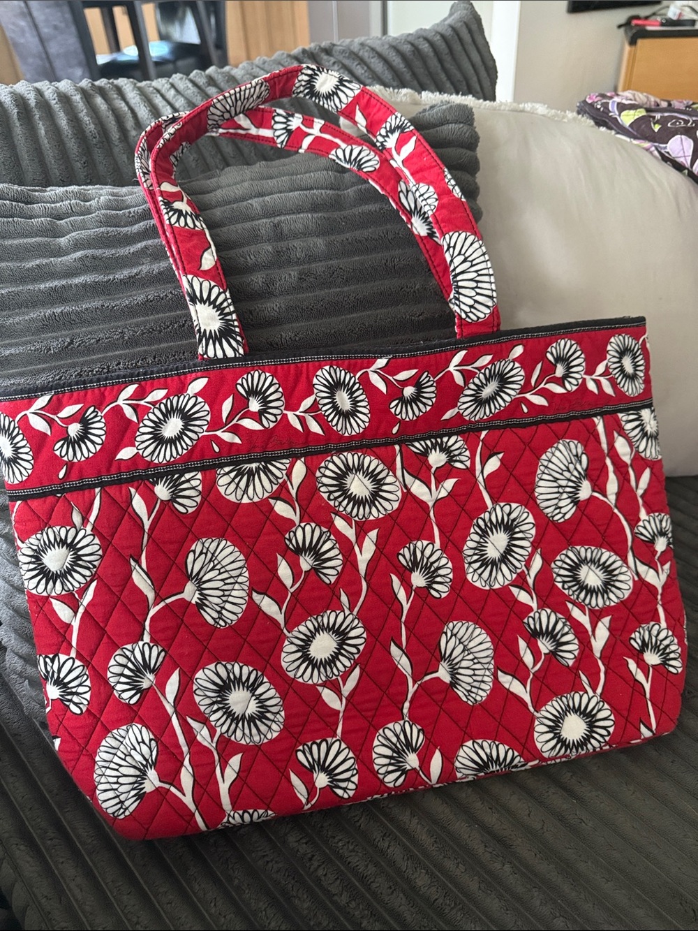 Vera Bradley Red Quilted Floral Tote with Black & White Flowers